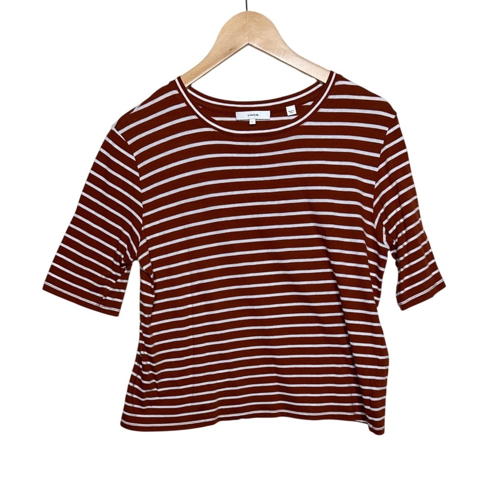 Vince Striped Half Sleeve Striped Crew Neck Tee size Large Orange/White